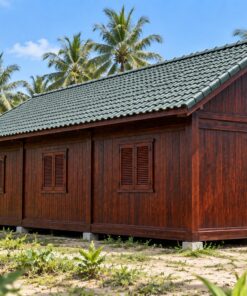 Nhà Gỗ Homestay S80 - Nhà Dài Bếp Chung Đầu Nhà Mái Thấp, Gỗ Thông Màu Nâu Cánh Gián