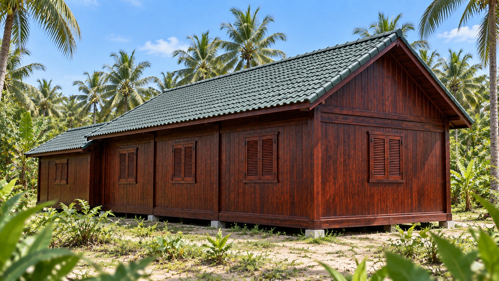 Nhà Gỗ Homestay S80 - Nhà Dài Bếp Chung Đầu Nhà Mái Thấp, Gỗ Thông Màu Nâu Cánh Gián Nhà Gỗ Homestay S80 - Nhà Dài Bếp Chung Đầu Nhà Mái Thấp, Gỗ Thông Màu Nâu Cánh Gián