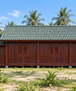 Nhà Gỗ Homestay S80 - Nhà Dài Bếp Chung Đầu Nhà Mái Thấp, Gỗ Thông Màu Nâu Cánh Gián