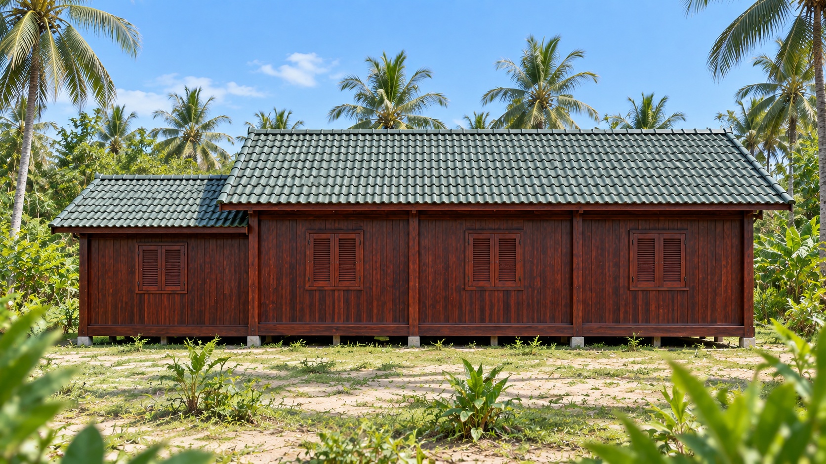 Nhà Gỗ Homestay S80 - Nhà Dài Bếp Chung Đầu Nhà Mái Thấp, Gỗ Thông Màu Nâu Cánh Gián Nhà Gỗ Homestay S80 - Nhà Dài Bếp Chung Đầu Nhà Mái Thấp, Gỗ Thông Màu Nâu Cánh Gián