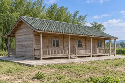Nhà gỗ homestay S81 – thân nhà dài một mái, hiên lan can chạy suốt mặt trước, rừng tre phía sau