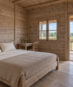 Nhà gỗ homestay S81 – phòng ngủ vách ván ngang, bàn ghế dưới cửa sổ, cửa mở ra hiên