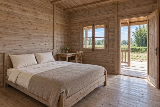 Nhà gỗ homestay S81 – phòng ngủ vách ván ngang, bàn ghế dưới cửa sổ, cửa mở ra hiên