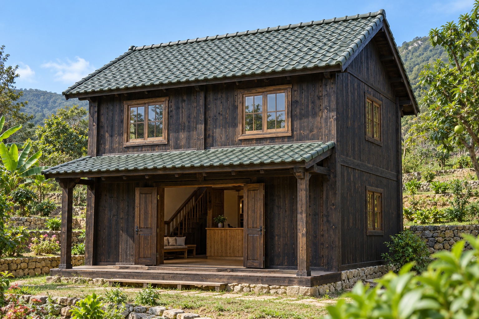 Nhà Gỗ Homestay S82 - Hai Tầng Tầng Dưới Quầy Đón Khách Tầng Trên Hai Phòng, Gỗ Thông Màu Gỗ Cháy Nhà Gỗ Homestay S82 - Hai Tầng Tầng Dưới Quầy Đón Khách Tầng Trên Hai Phòng, Gỗ Thông Màu Gỗ Cháy