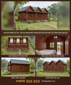 Nhà gỗ homestay S83 ba đầu hồi nhỏ – ảnh ghép mặt trước, mặt bằng, phòng ngủ, góc bên, góc sau