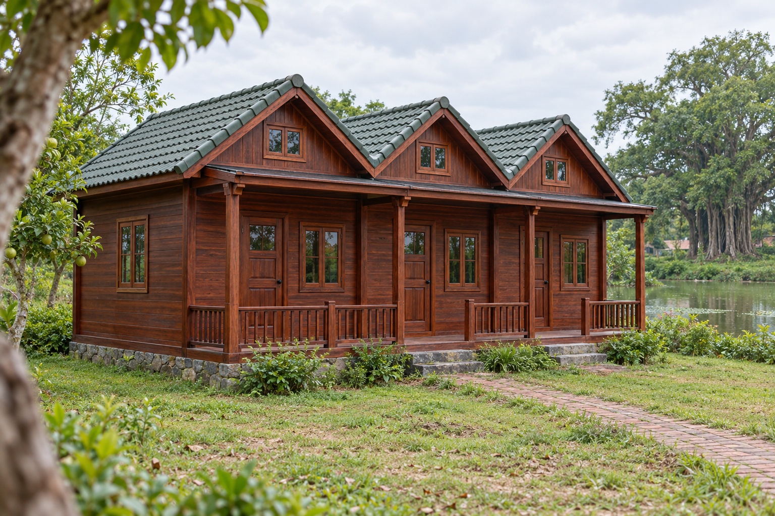 Nhà Gỗ Homestay S83 - Dãy Ba Phòng Mỗi Phòng Một Đầu Hồi Nhỏ, Gỗ Thông Màu Nâu Đỏ Nhà Gỗ Homestay S83 - Dãy Ba Phòng Mỗi Phòng Một Đầu Hồi Nhỏ, Gỗ Thông Màu Nâu Đỏ