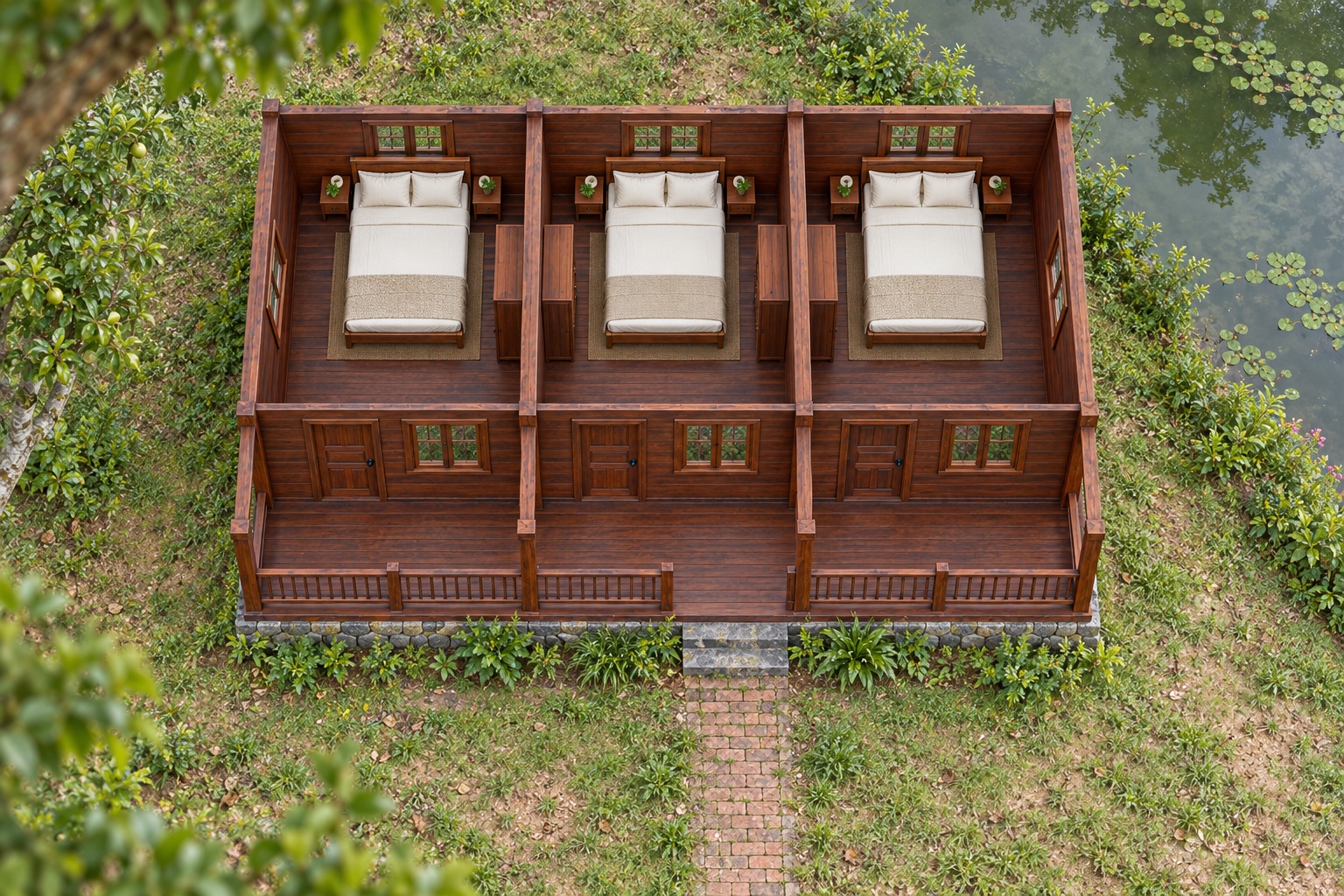 Nhà Gỗ Homestay S83 - Dãy Ba Phòng Mỗi Phòng Một Đầu Hồi Nhỏ, Gỗ Thông Màu Nâu Đỏ Nhà Gỗ Homestay S83 - Dãy Ba Phòng Mỗi Phòng Một Đầu Hồi Nhỏ, Gỗ Thông Màu Nâu Đỏ
