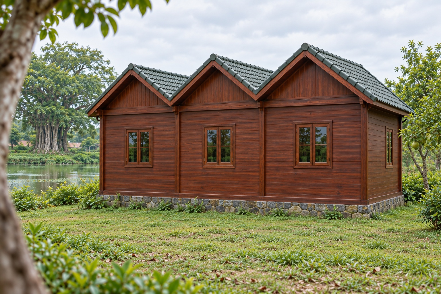Nhà Gỗ Homestay S83 - Dãy Ba Phòng Mỗi Phòng Một Đầu Hồi Nhỏ, Gỗ Thông Màu Nâu Đỏ Nhà Gỗ Homestay S83 - Dãy Ba Phòng Mỗi Phòng Một Đầu Hồi Nhỏ, Gỗ Thông Màu Nâu Đỏ