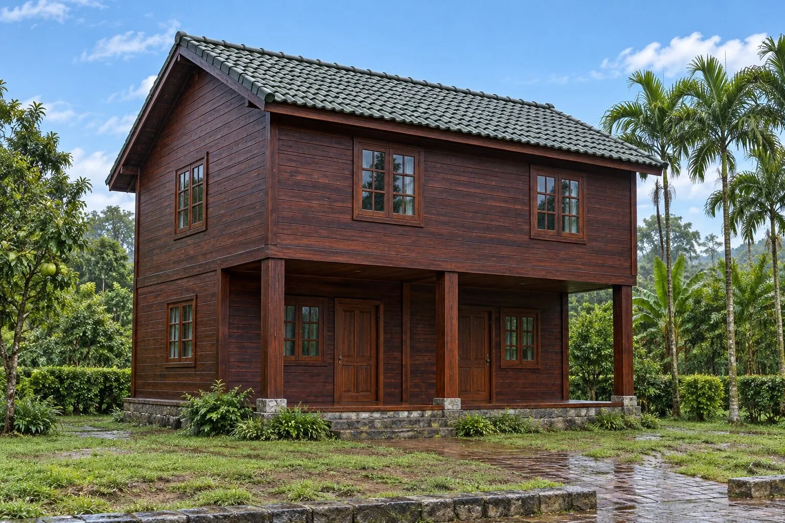 Nhà gỗ homestay S84 hai tầng: tầng trên chìa ra trên hàng cột gỗ, tạo hiên cho tầng dưới, mái ngói xanh rêu