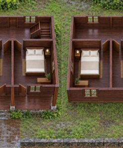 Nhà Gỗ Homestay S84 - Hai Tầng Tầng Trên Nhô Ra Trên Cột Làm Hiên Dưới, Gỗ Thông Màu Nâu Cánh Gián