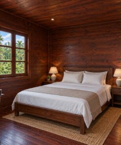 Nhà Gỗ Homestay S84 - Hai Tầng Tầng Trên Nhô Ra Trên Cột Làm Hiên Dưới, Gỗ Thông Màu Nâu Cánh Gián