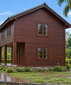 Nhà Gỗ Homestay S84 - Hai Tầng Tầng Trên Nhô Ra Trên Cột Làm Hiên Dưới, Gỗ Thông Màu Nâu Cánh Gián
