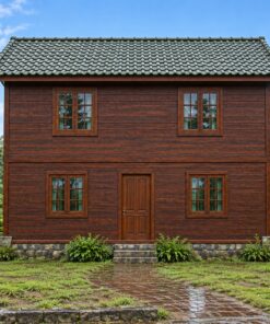 Nhà Gỗ Homestay S84 - Hai Tầng Tầng Trên Nhô Ra Trên Cột Làm Hiên Dưới, Gỗ Thông Màu Nâu Cánh Gián