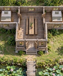 Nhà Gỗ Homestay S85 - Mặt Bằng Chữ T Phòng Chung Ở Giữa, Gỗ Thông Màu Vintage