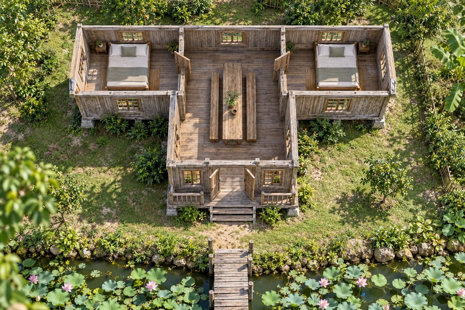 Mặt bằng nhà gỗ chữ T: khối giữa đặt bàn ăn dài, hai phòng ngủ hai đầu, lối vào có cầu gỗ qua ao