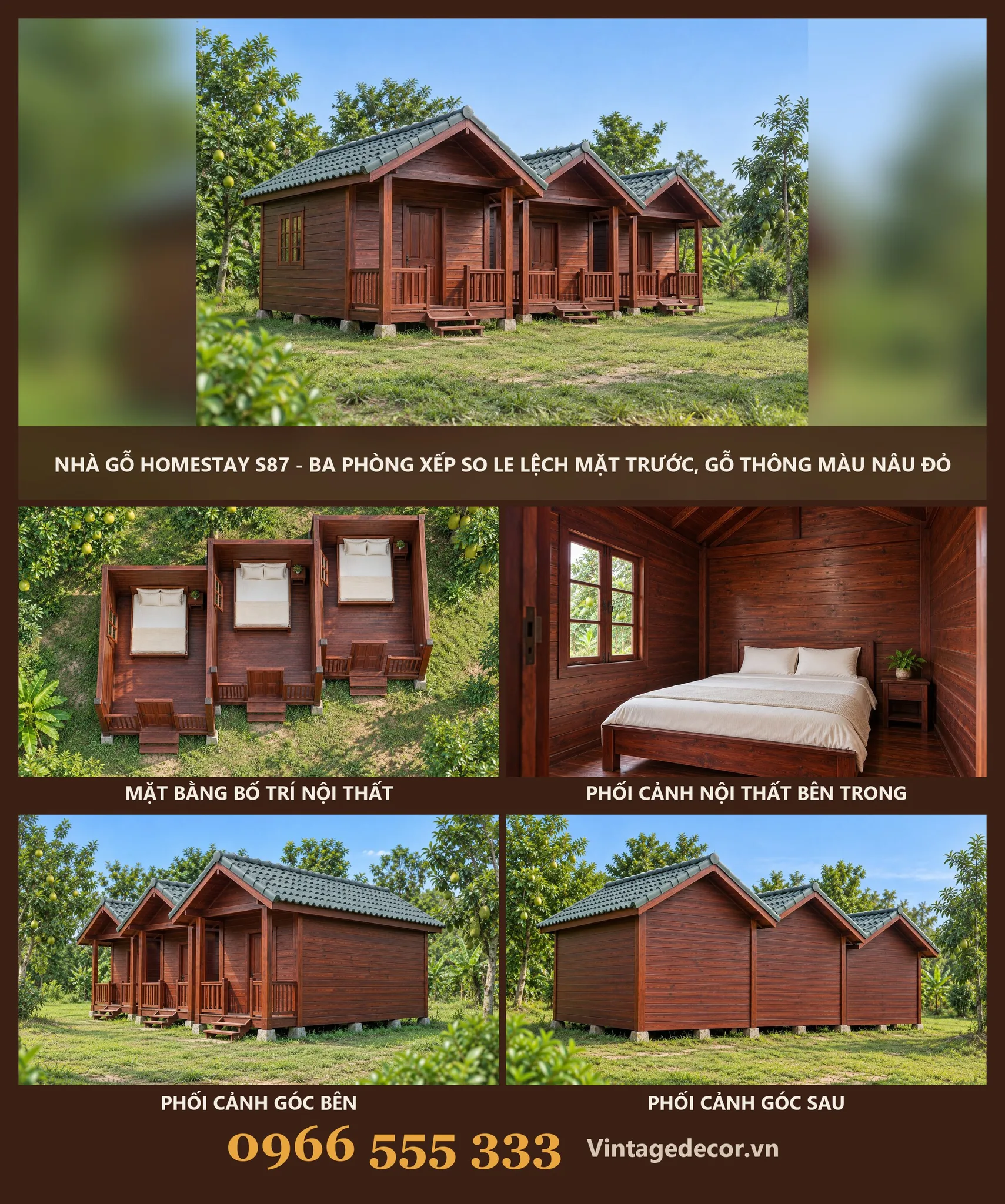 Nhà Gỗ Homestay S87 - Ba Phòng Xếp So Le Lệch Mặt Trước, Gỗ Thông Màu Nâu Đỏ Nhà Gỗ Homestay S87 - Ba Phòng Xếp So Le Lệch Mặt Trước, Gỗ Thông Màu Nâu Đỏ