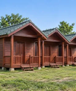 Nhà Gỗ Homestay S87 - Ba Phòng Xếp So Le Lệch Mặt Trước, Gỗ Thông Màu Nâu Đỏ