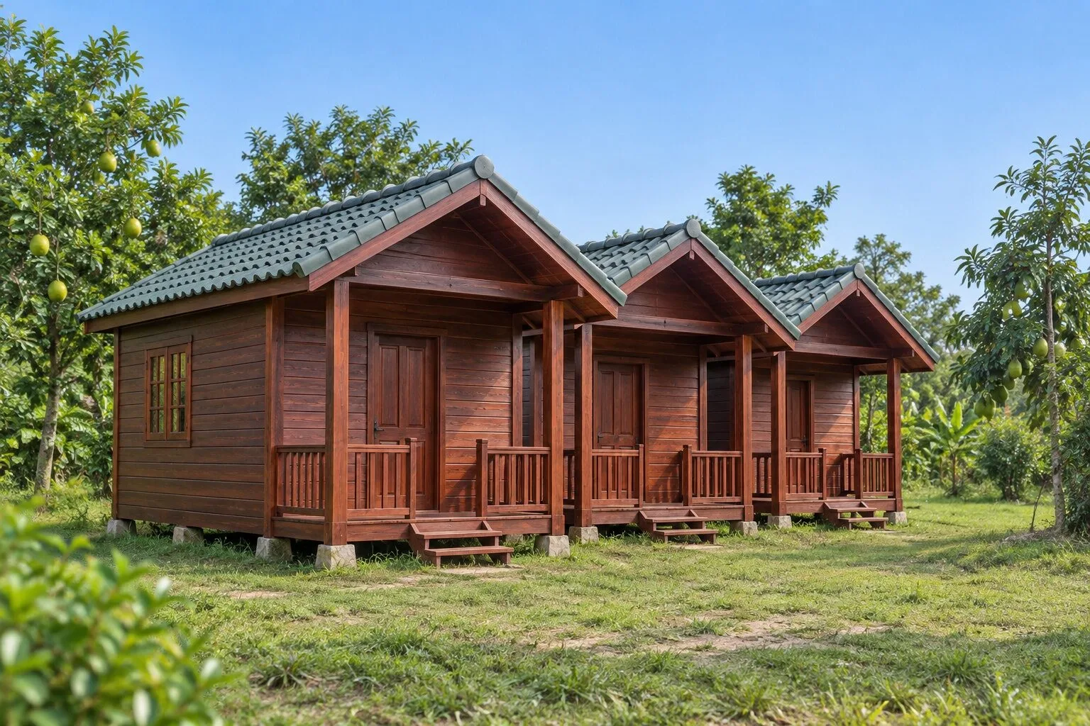 Nhà Gỗ Homestay S87 - Ba Phòng Xếp So Le Lệch Mặt Trước, Gỗ Thông Màu Nâu Đỏ Nhà Gỗ Homestay S87 - Ba Phòng Xếp So Le Lệch Mặt Trước, Gỗ Thông Màu Nâu Đỏ