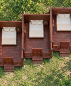 Nhà Gỗ Homestay S87 - Ba Phòng Xếp So Le Lệch Mặt Trước, Gỗ Thông Màu Nâu Đỏ