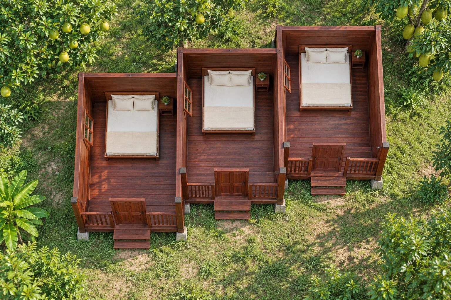 Nhà Gỗ Homestay S87 - Ba Phòng Xếp So Le Lệch Mặt Trước, Gỗ Thông Màu Nâu Đỏ Nhà Gỗ Homestay S87 - Ba Phòng Xếp So Le Lệch Mặt Trước, Gỗ Thông Màu Nâu Đỏ