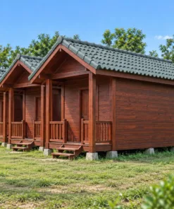 Nhà Gỗ Homestay S87 - Ba Phòng Xếp So Le Lệch Mặt Trước, Gỗ Thông Màu Nâu Đỏ