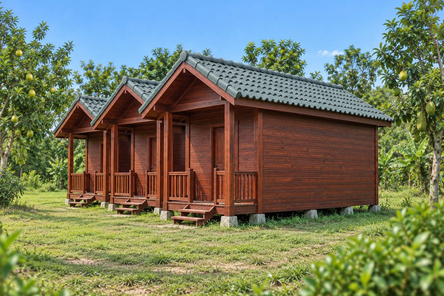 Nhà Gỗ Homestay S87 - Ba Phòng Xếp So Le Lệch Mặt Trước, Gỗ Thông Màu Nâu Đỏ Nhà Gỗ Homestay S87 - Ba Phòng Xếp So Le Lệch Mặt Trước, Gỗ Thông Màu Nâu Đỏ