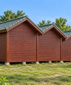 Nhà Gỗ Homestay S87 - Ba Phòng Xếp So Le Lệch Mặt Trước, Gỗ Thông Màu Nâu Đỏ