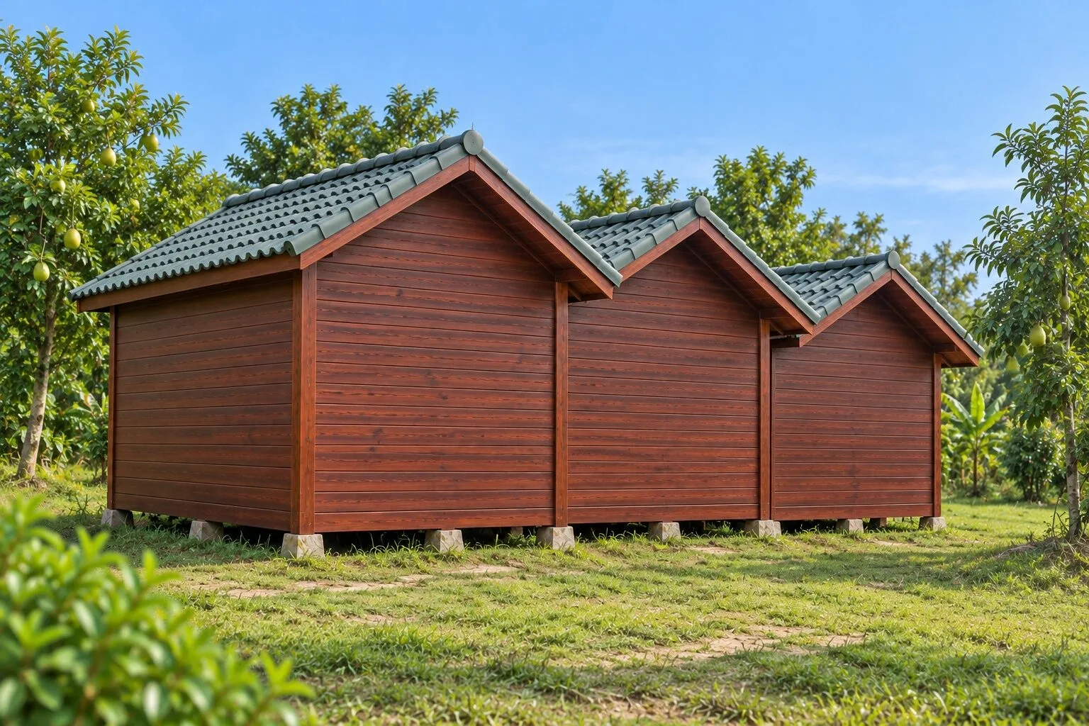 Nhà Gỗ Homestay S87 - Ba Phòng Xếp So Le Lệch Mặt Trước, Gỗ Thông Màu Nâu Đỏ Nhà Gỗ Homestay S87 - Ba Phòng Xếp So Le Lệch Mặt Trước, Gỗ Thông Màu Nâu Đỏ