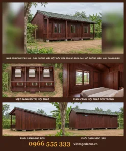Nhà Gỗ Homestay S88 - Dãy Phòng Mái Một Dốc Cửa Sổ Cao Phía Sau, Gỗ Thông Màu Nâu Cánh Gián