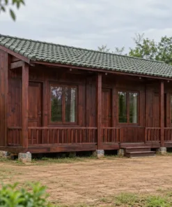 Nhà Gỗ Homestay S88 - Dãy Phòng Mái Một Dốc Cửa Sổ Cao Phía Sau, Gỗ Thông Màu Nâu Cánh Gián