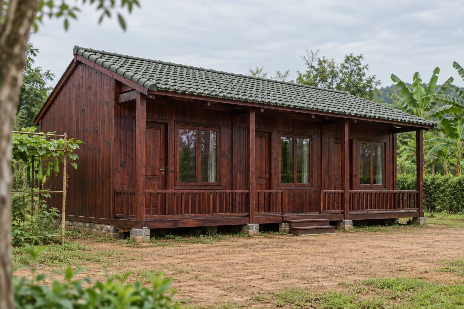 Nhà Gỗ Homestay S88 - Dãy Phòng Mái Một Dốc Cửa Sổ Cao Phía Sau, Gỗ Thông Màu Nâu Cánh Gián Nhà Gỗ Homestay S88 - Dãy Phòng Mái Một Dốc Cửa Sổ Cao Phía Sau, Gỗ Thông Màu Nâu Cánh Gián