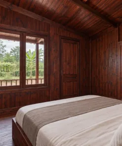 Nhà Gỗ Homestay S88 - Dãy Phòng Mái Một Dốc Cửa Sổ Cao Phía Sau, Gỗ Thông Màu Nâu Cánh Gián