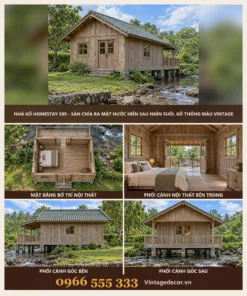 Nhà Gỗ Homestay S89 - Sàn Chìa Ra Mặt Nước Hiên Sau Nhìn Suối, Gỗ Thông Màu Vintage