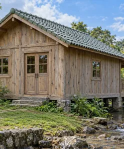 Nhà Gỗ Homestay S89 - Sàn Chìa Ra Mặt Nước Hiên Sau Nhìn Suối, Gỗ Thông Màu Vintage