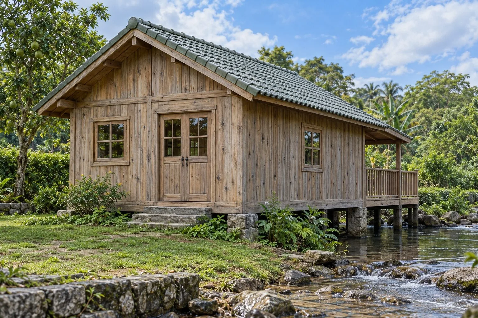 Nhà Gỗ Homestay S89 - Sàn Chìa Ra Mặt Nước Hiên Sau Nhìn Suối, Gỗ Thông Màu Vintage Nhà Gỗ Homestay S89 - Sàn Chìa Ra Mặt Nước Hiên Sau Nhìn Suối, Gỗ Thông Màu Vintage