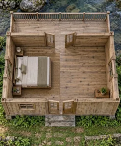 Nhà Gỗ Homestay S89 - Sàn Chìa Ra Mặt Nước Hiên Sau Nhìn Suối, Gỗ Thông Màu Vintage