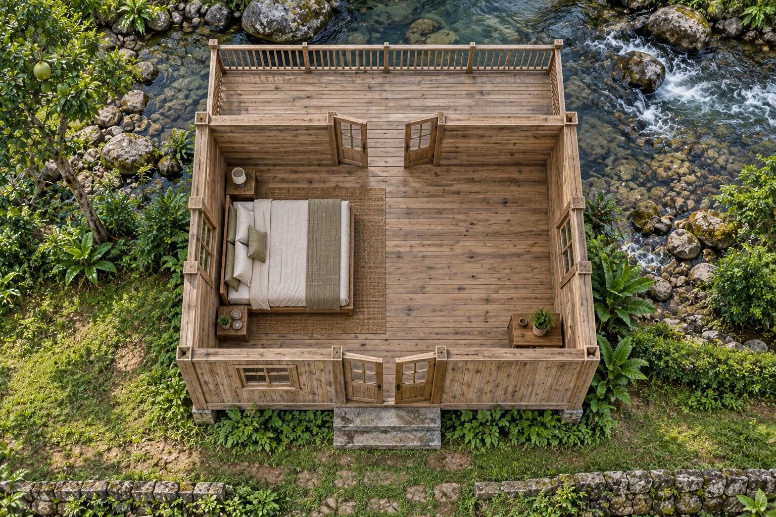 Nhà Gỗ Homestay S89 - Sàn Chìa Ra Mặt Nước Hiên Sau Nhìn Suối, Gỗ Thông Màu Vintage Nhà Gỗ Homestay S89 - Sàn Chìa Ra Mặt Nước Hiên Sau Nhìn Suối, Gỗ Thông Màu Vintage