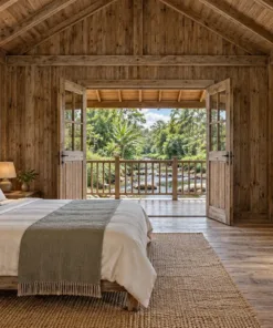 Nhà Gỗ Homestay S89 - Sàn Chìa Ra Mặt Nước Hiên Sau Nhìn Suối, Gỗ Thông Màu Vintage