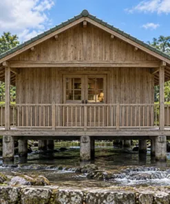 Nhà Gỗ Homestay S89 - Sàn Chìa Ra Mặt Nước Hiên Sau Nhìn Suối, Gỗ Thông Màu Vintage