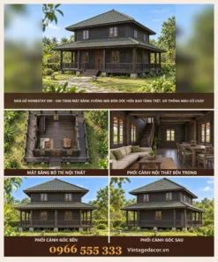 Nhà Gỗ Homestay S90 - Hai Tầng Mặt Bằng Vuông Mái Bốn Dốc Hiên Bao Tầng Trệt, Gỗ Thông Màu Gỗ Cháy