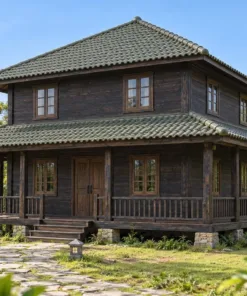 Nhà Gỗ Homestay S90 - Hai Tầng Mặt Bằng Vuông Mái Bốn Dốc Hiên Bao Tầng Trệt, Gỗ Thông Màu Gỗ Cháy