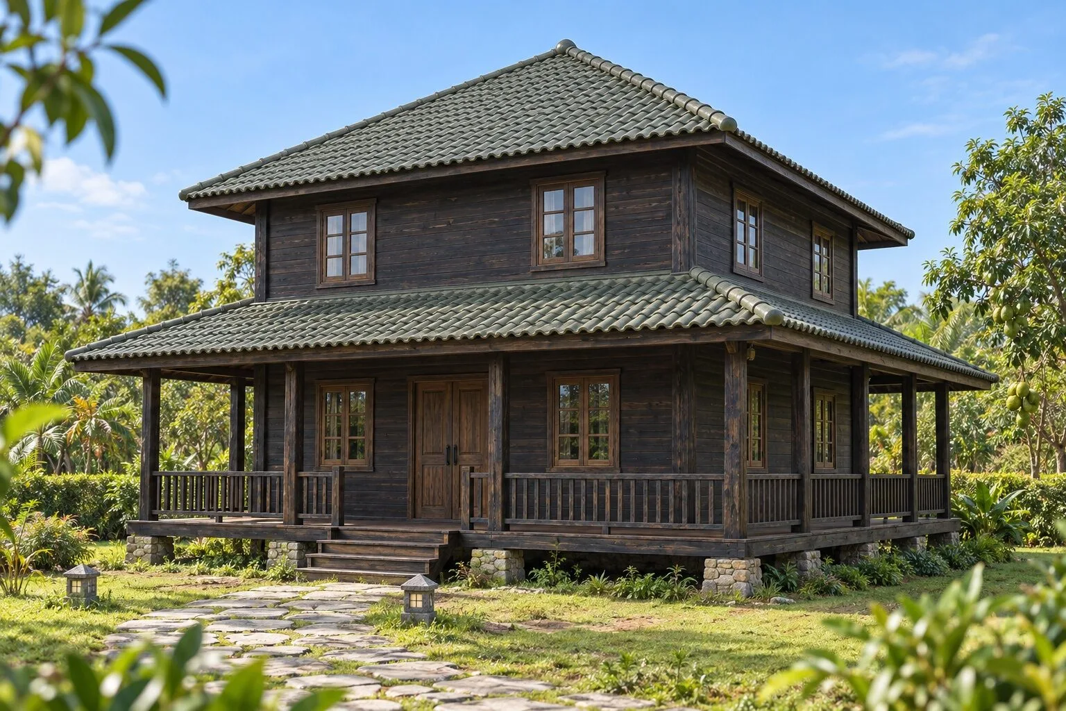 Nhà Gỗ Homestay S90 - Hai Tầng Mặt Bằng Vuông Mái Bốn Dốc Hiên Bao Tầng Trệt, Gỗ Thông Màu Gỗ Cháy Nhà Gỗ Homestay S90 - Hai Tầng Mặt Bằng Vuông Mái Bốn Dốc Hiên Bao Tầng Trệt, Gỗ Thông Màu Gỗ Cháy