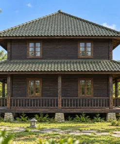 Nhà Gỗ Homestay S90 - Hai Tầng Mặt Bằng Vuông Mái Bốn Dốc Hiên Bao Tầng Trệt, Gỗ Thông Màu Gỗ Cháy