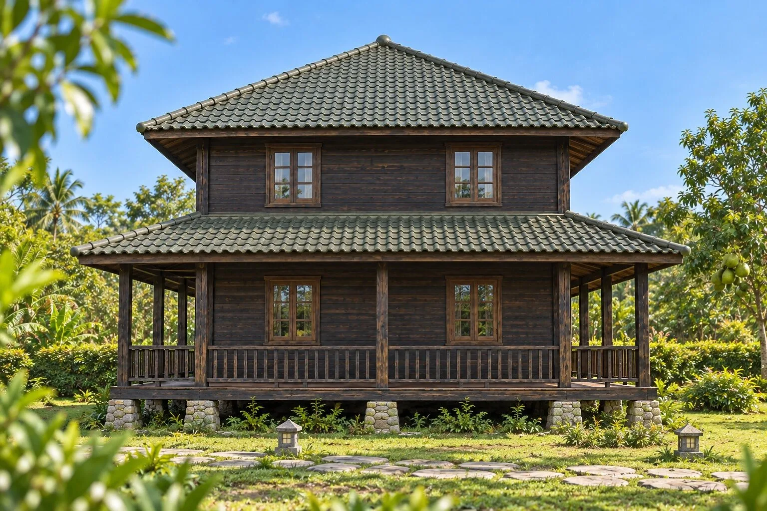 Nhà Gỗ Homestay S90 - Hai Tầng Mặt Bằng Vuông Mái Bốn Dốc Hiên Bao Tầng Trệt, Gỗ Thông Màu Gỗ Cháy Nhà Gỗ Homestay S90 - Hai Tầng Mặt Bằng Vuông Mái Bốn Dốc Hiên Bao Tầng Trệt, Gỗ Thông Màu Gỗ Cháy