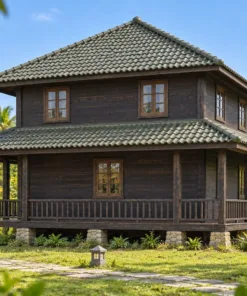 Nhà Gỗ Homestay S90 - Hai Tầng Mặt Bằng Vuông Mái Bốn Dốc Hiên Bao Tầng Trệt, Gỗ Thông Màu Gỗ Cháy