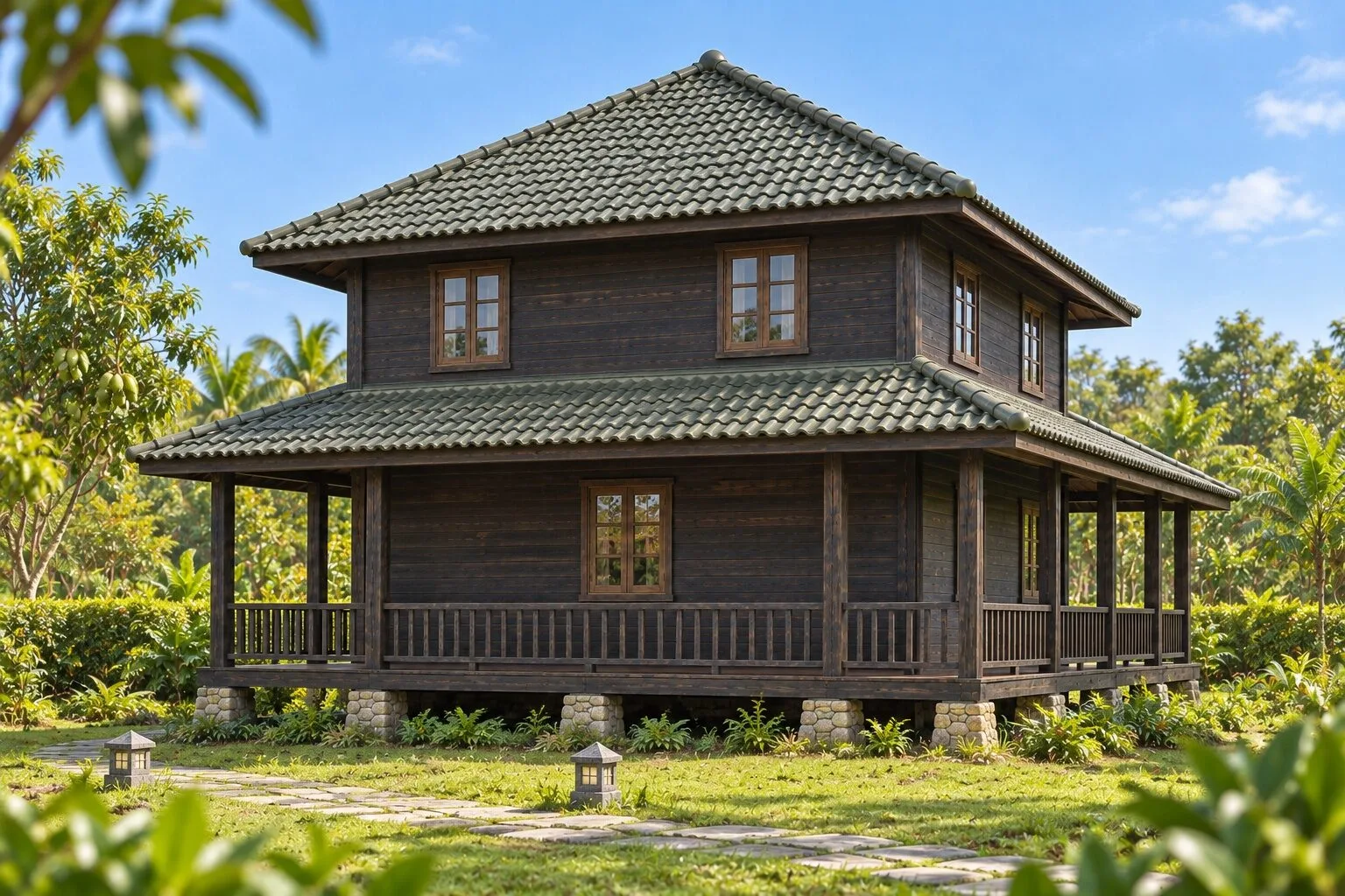 Nhà Gỗ Homestay S90 - Hai Tầng Mặt Bằng Vuông Mái Bốn Dốc Hiên Bao Tầng Trệt, Gỗ Thông Màu Gỗ Cháy Nhà Gỗ Homestay S90 - Hai Tầng Mặt Bằng Vuông Mái Bốn Dốc Hiên Bao Tầng Trệt, Gỗ Thông Màu Gỗ Cháy