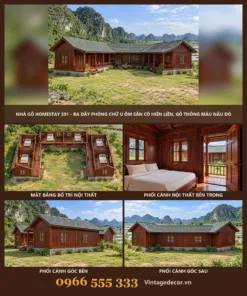 Nhà Gỗ Homestay S91 - Ba Dãy Phòng Chữ U Ôm Sân Có Hiên Liền, Gỗ Thông Màu Nâu Đỏ