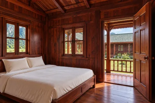 Nhà Gỗ Homestay S91 - Ba Dãy Phòng Chữ U Ôm Sân Có Hiên Liền, Gỗ Thông Màu Nâu Đỏ Nhà Gỗ Homestay S91 - Ba Dãy Phòng Chữ U Ôm Sân Có Hiên Liền, Gỗ Thông Màu Nâu Đỏ