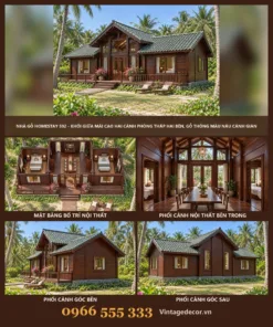 Nhà gỗ homestay S92 khối giữa mái cao – ảnh ghép mặt trước, mặt bằng, gian chung, góc bên, góc sau