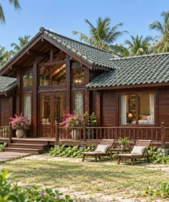 Nhà gỗ homestay S92 – khối giữa đầu hồi kính, hai cánh phòng thấp, hiên lan can phía trước
